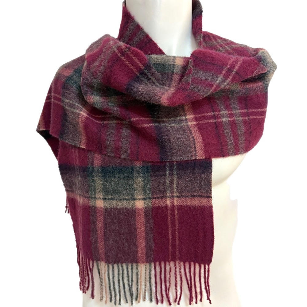 Rong Guan Tartan Wool Scarf โ Burgundy & Grey Plaid